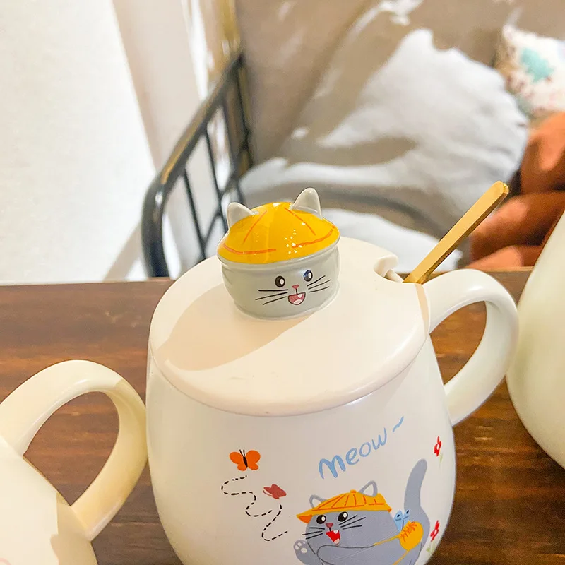 Cartoon creative cute cat ceramic cup with lid spoon office coffee mug male and female student couple cup