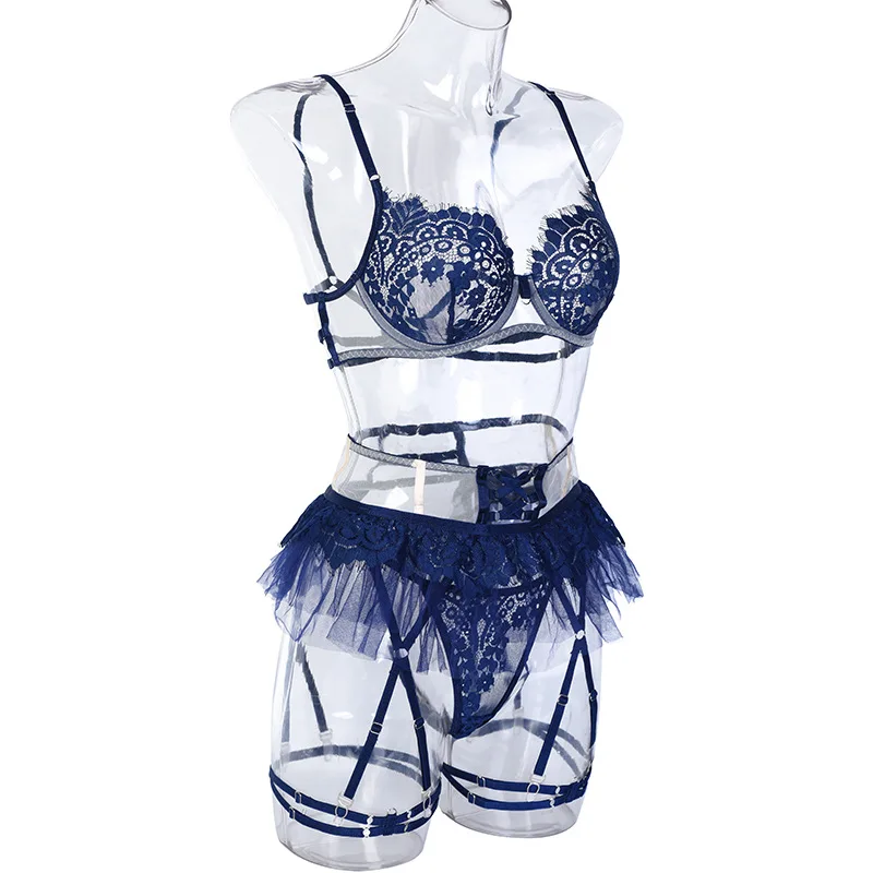 New Arrival  Navy Color Women Bubble Skirt Sexy Lingerie Set Soft Lace Sex Underwear