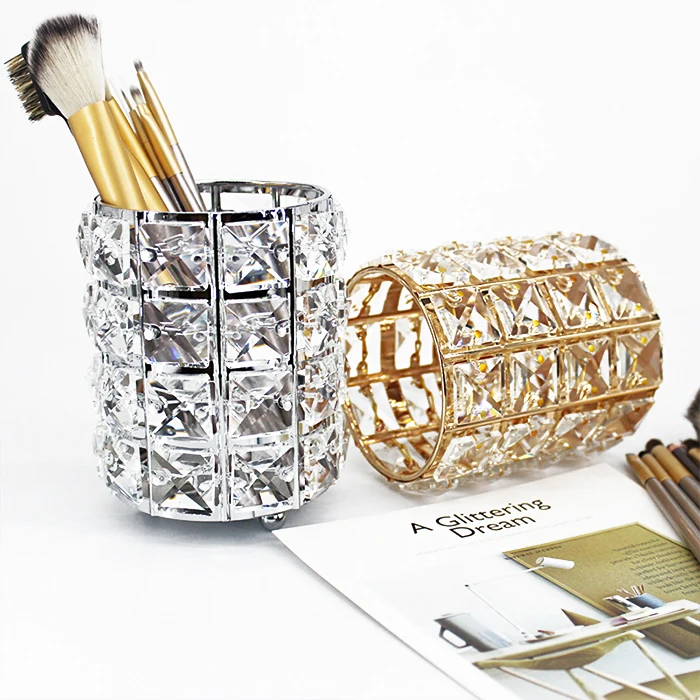 Makeup Brush Holder Luxury Gold Metal Vanity Storage Box Case Cup Cylinder Diamond Make Up Holder Crystal Makeup Brush Organizer