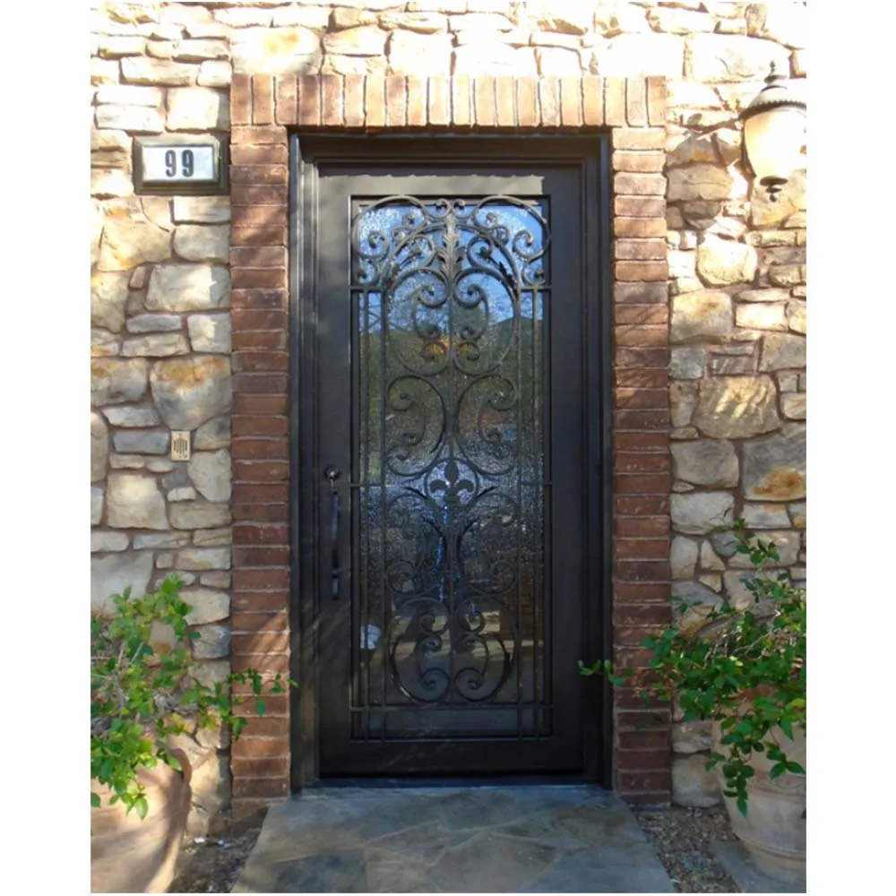 house entry big double glass arched eyebrow top black cast iron frame unique scrolls heavy duty front design wrought iron door