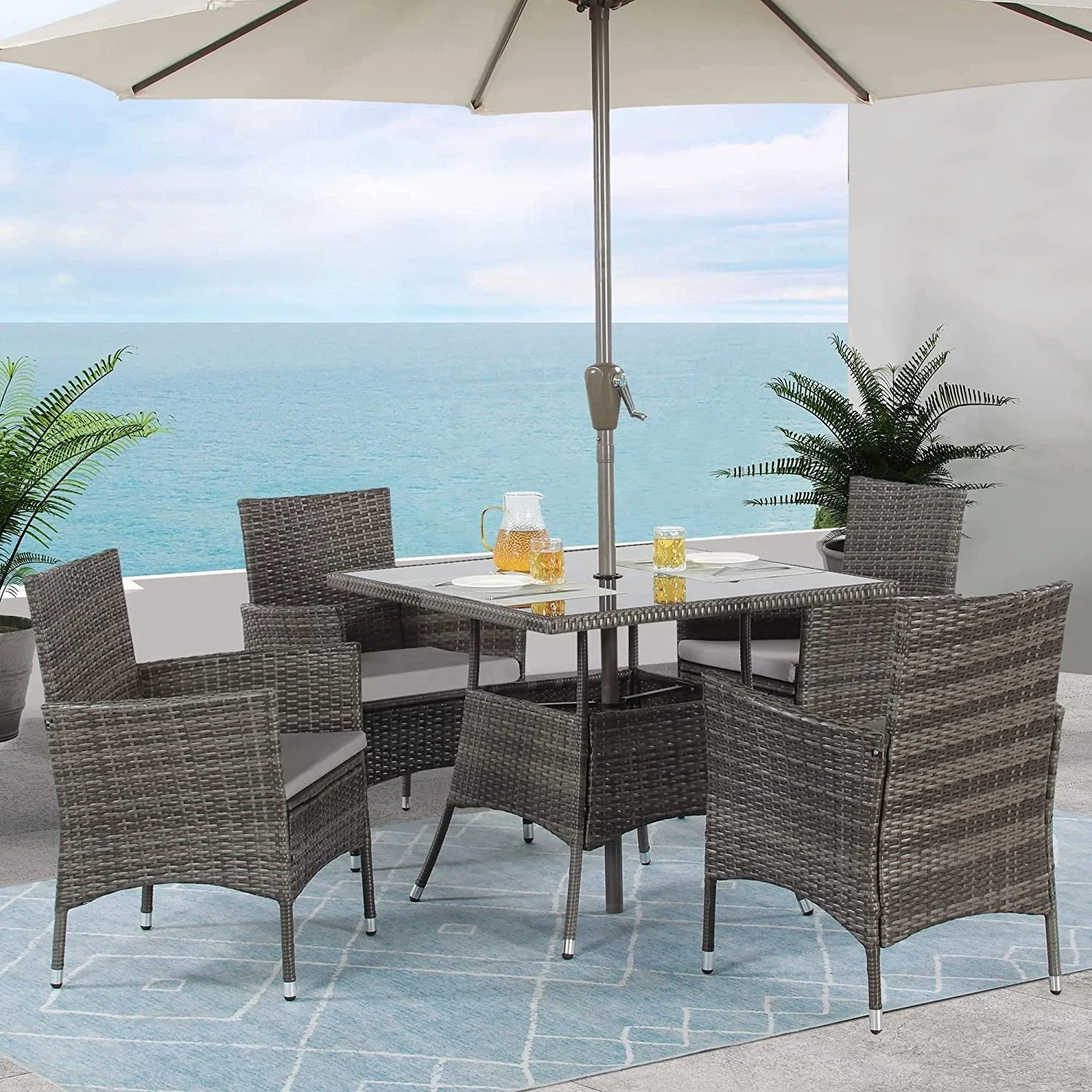 Wicker Patio Dining Table and Chair Set,Square Tempered Glass Table Top with Umbrella Hole for Backyard,Grey