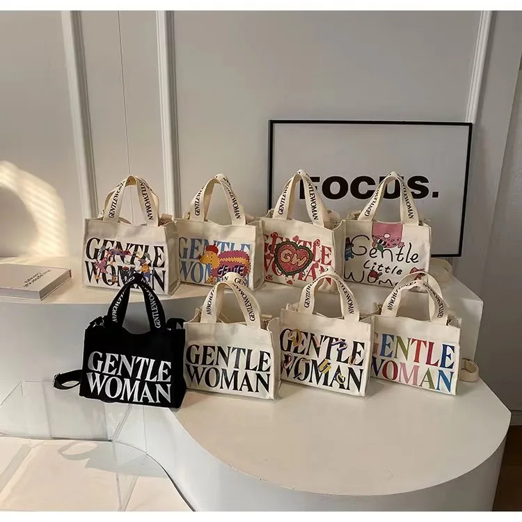 Custom Logo Women Printed Wide Handle Black Cross Body Large Thick Cotton Canvas Tote Messenger Bag