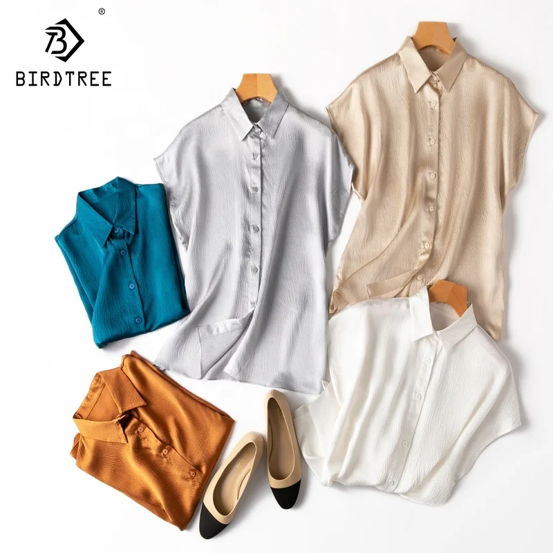 Wholesale 20 Mm Woman 100% Mulberry Silk Shirts Chic Turn Down Collar Short Bat Sleeves Blouses 2023 Spring Summer T35748C