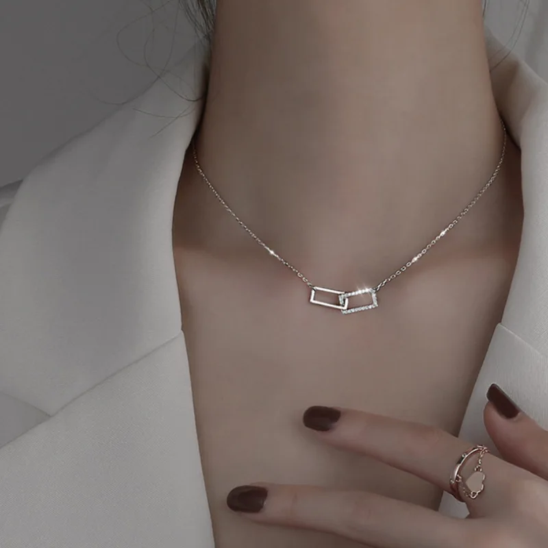 
2021 Hot Selling Jewelry Geometric Cz Circle Necklaces 18k Gold Plating Double Square Circles Link Chain Necklaces 