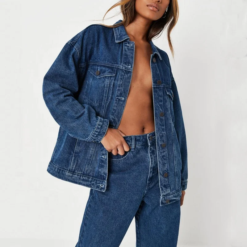 wholesale custom ladies fashion cotton jean jacket women sexy blue washed oversized denim jacket
