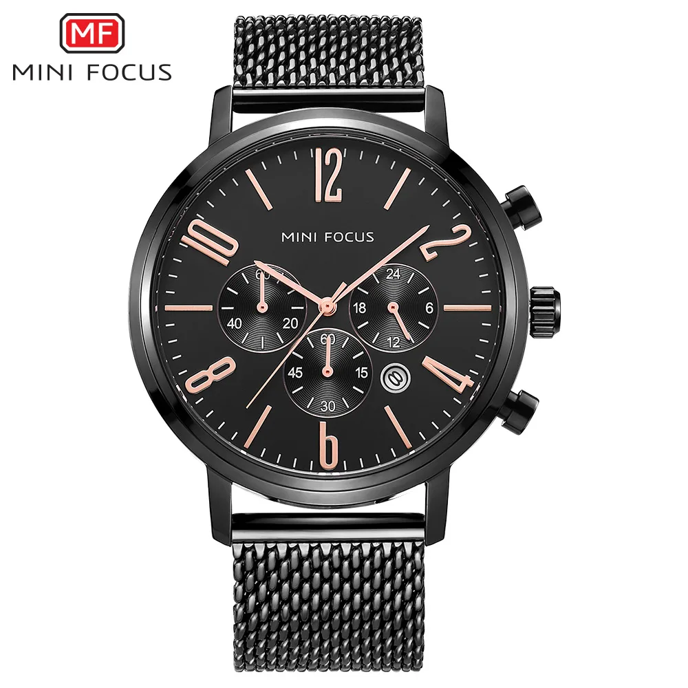 
Mini focus 0183 mesh strap western wrist watches quartz analog water resistant stainless steel chain black color wrist watches 