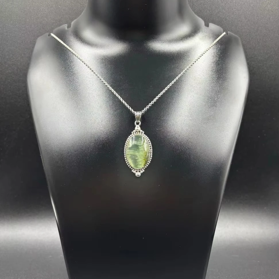 925 Sterling Silver Prehnite Pendant Delicate Necklace Prehnite Ovel Necklace Handmade Pendant with Chain Perfect Gift for Her