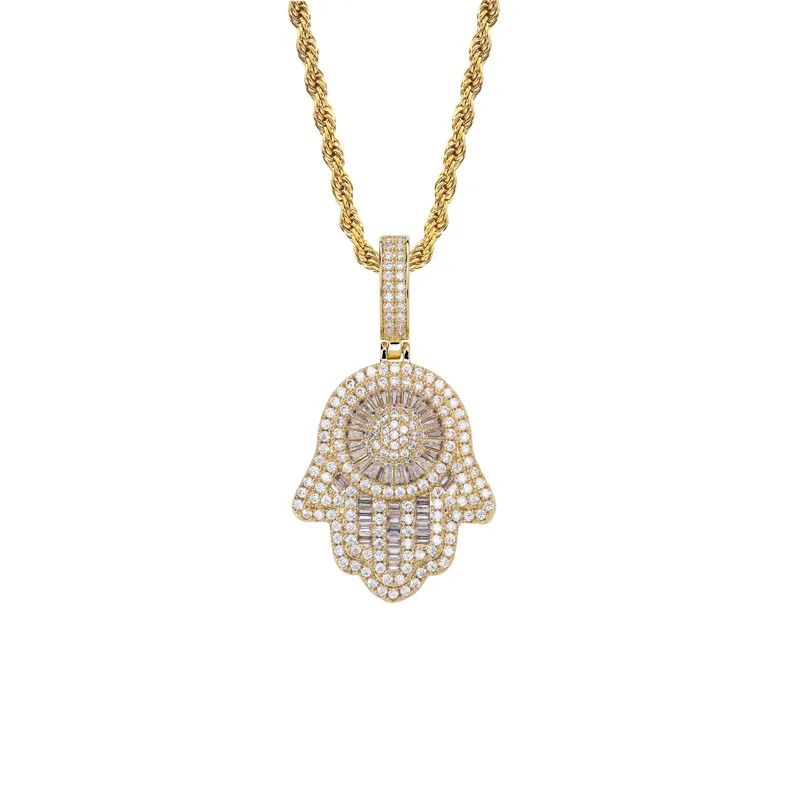 Iced Out Vintage Jewelry 18k Gold Plated AAA CZ Micro Pave Baguette Hamsa Hand Pendant Necklace