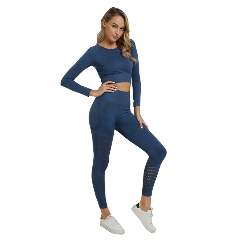Ptsports оптовая продажа, женский спортивный комплект одежды для йоги, тренажерного зала, леггинсы и короткий топ с длинным рукавом, бесшовный комплект для йоги из 2 предметов