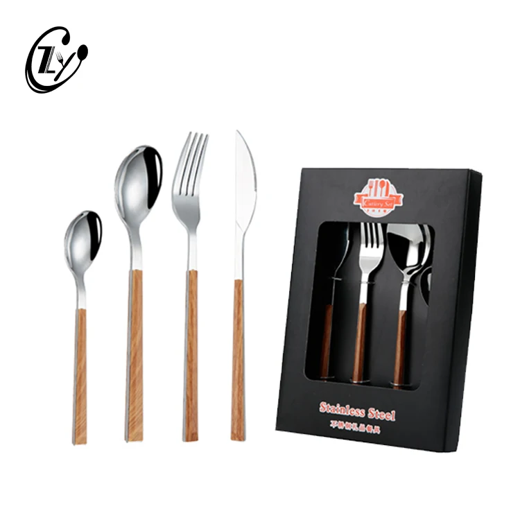 18/10 Silver With Wood Grain Handle Cutlery Sets Stainless Steel Spoon Fork Knife Sets With Gift Box