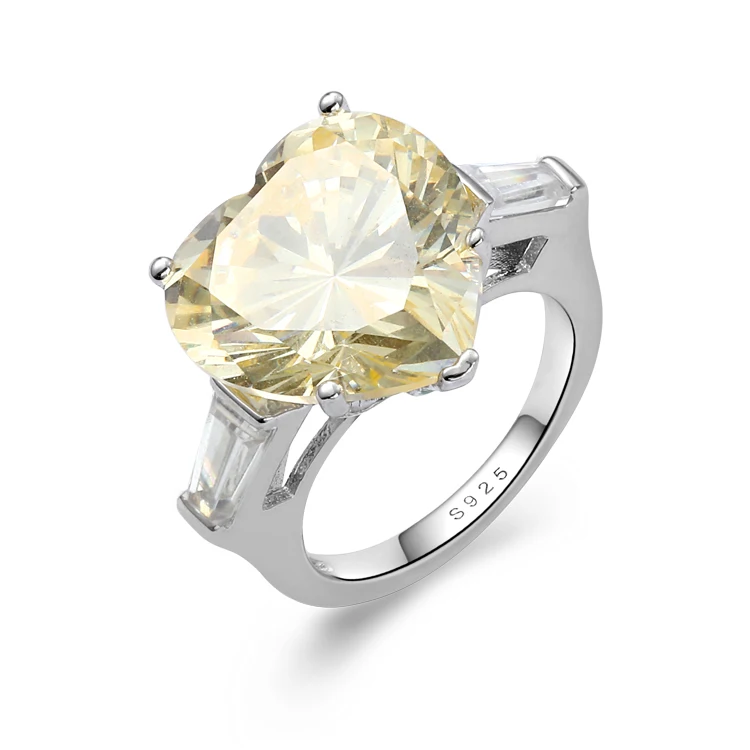 925 Silver Jewelry Love Heart Shape Ring Engagement Wedding Ring Women Yellow Zircon Heart Ring