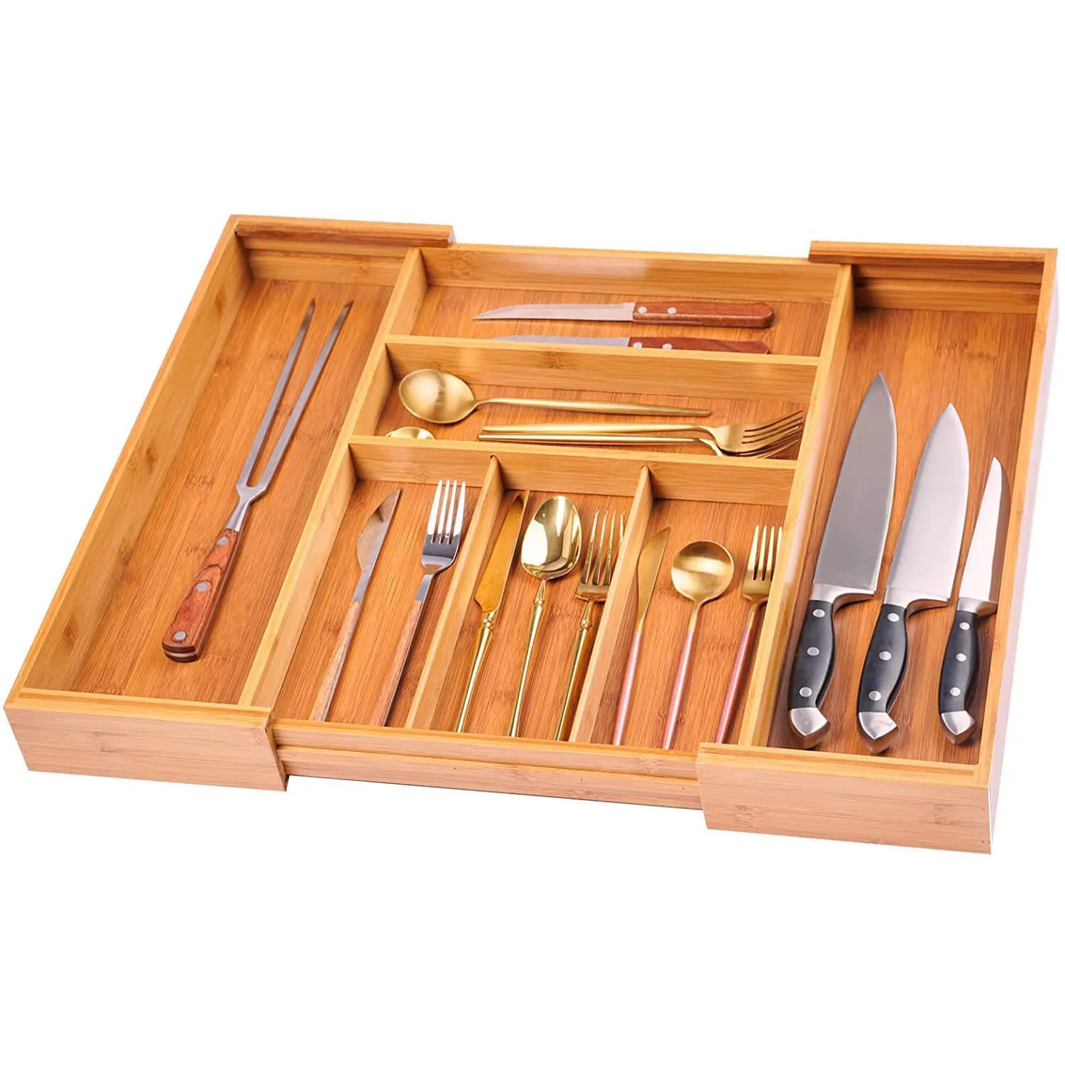 Bamboo Silverware Drawer Organizer Kitchen, Expandable Utensil Holder and Cutlery Tray with Divider