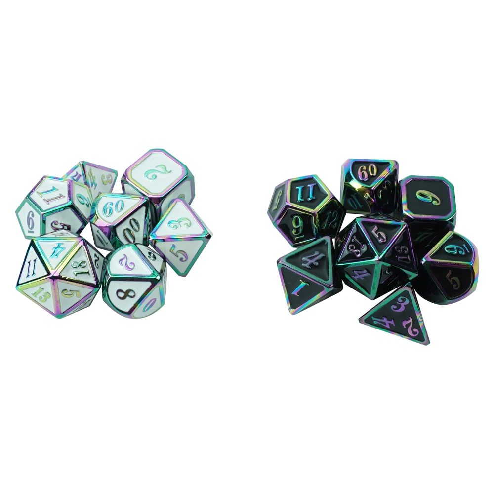 Customized Black white Metal Dungeons and Dragons Game Dice Set 7pcs Irregular Rainbow Laser Dice