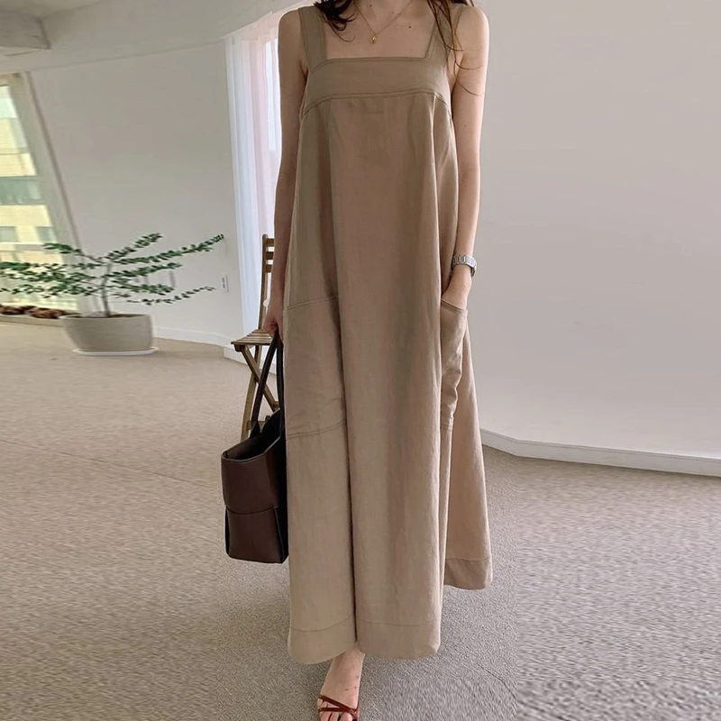 Latest Korean Plain Sleeveless Long Dress Casual Girls Loose Midi Sundress Womens Summer Elegant Blank Maxi Dresses with Pockets