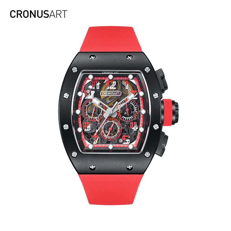 Red color Carbon Automatic Mechanical Watch for Men - Luxury Fashion Watch with Hollow Design