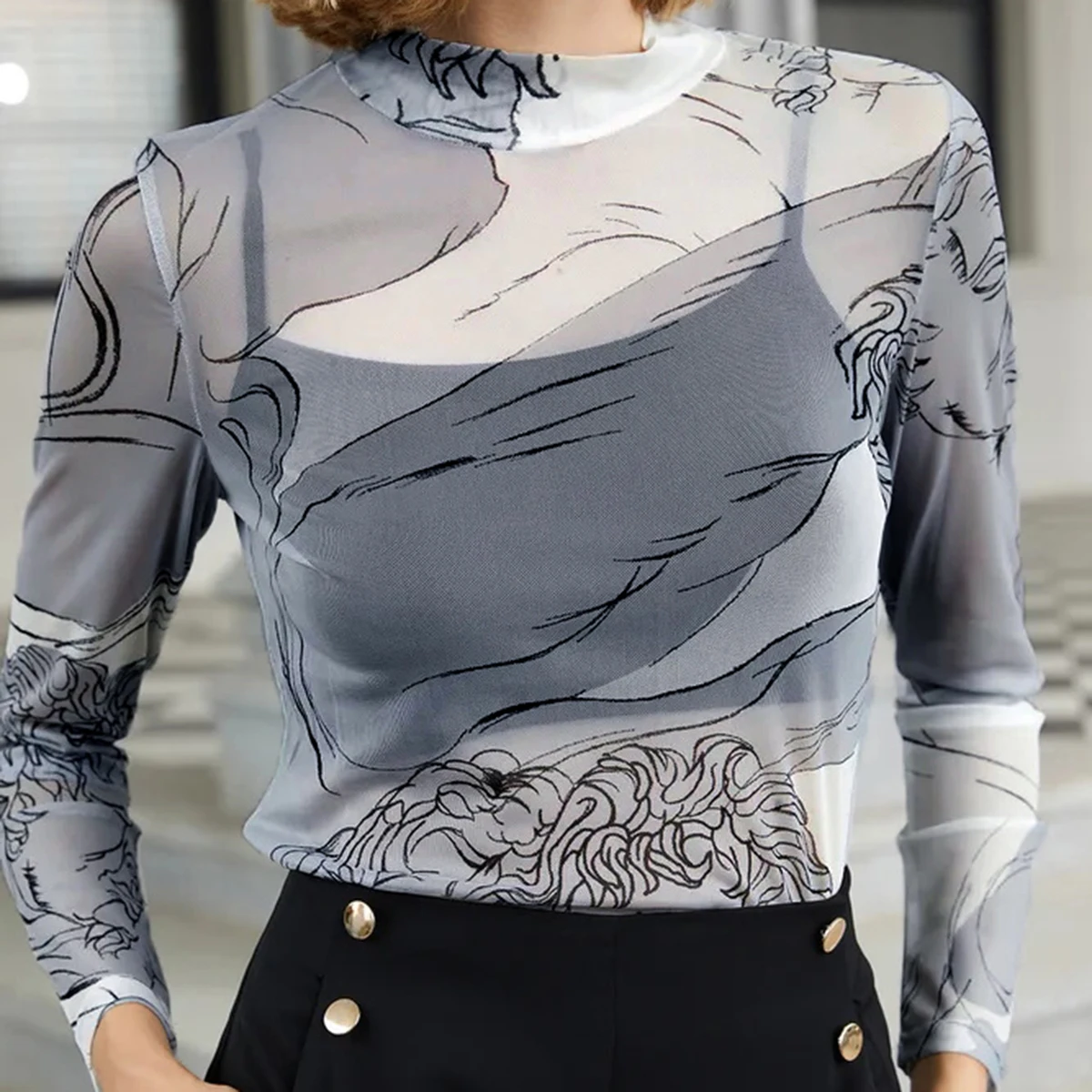 Модный топ с длинными рукавами и сетчатым принтом облегающая универсальная Базовая рубашка