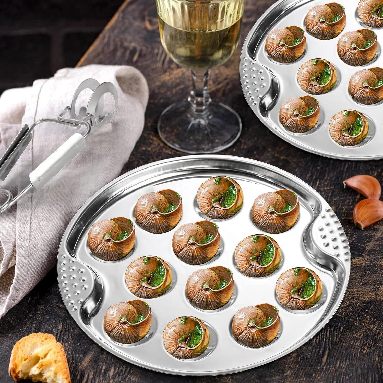 New Product Ideas 2024 French Cuisine Stainless Steel Escargot Plates Seafood Snail Dish Escargot Tong Escargot Dish Server