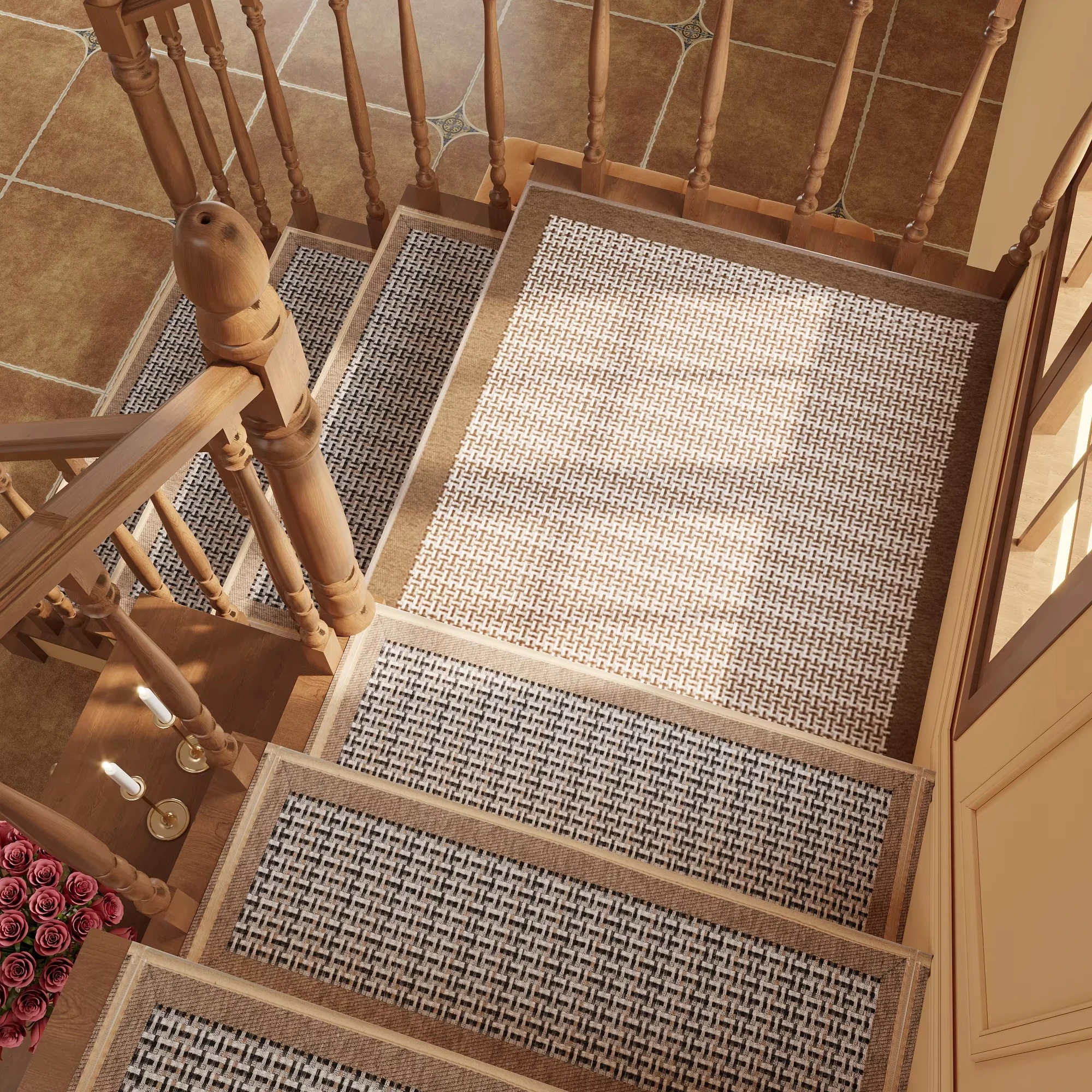 Modern Non-Slip Stair Treads Carpet Self-Adhesive Linen Surface Washable Backing Indoor Kids Elders Wooden Steps Runner Home