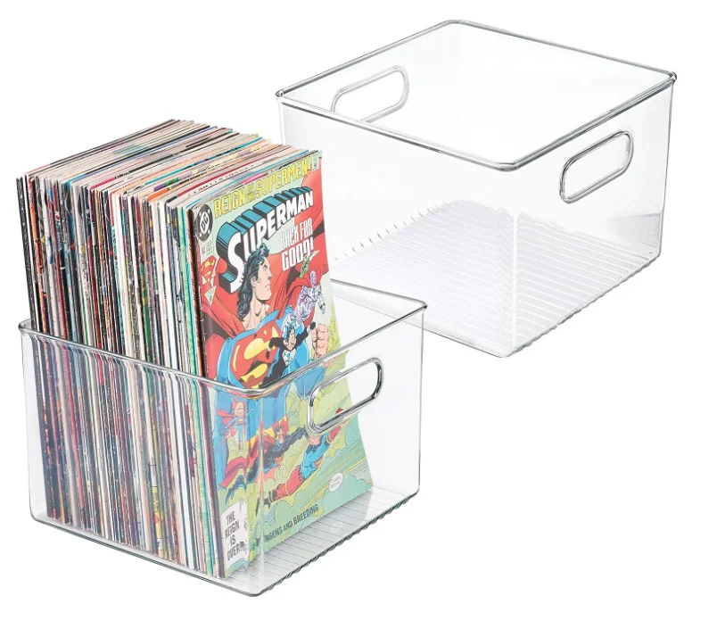 Plastic Storage Bins Ideal for Books, Magazines, Newspapers, and Comic Books Square Plastic Box with Built in Handles
