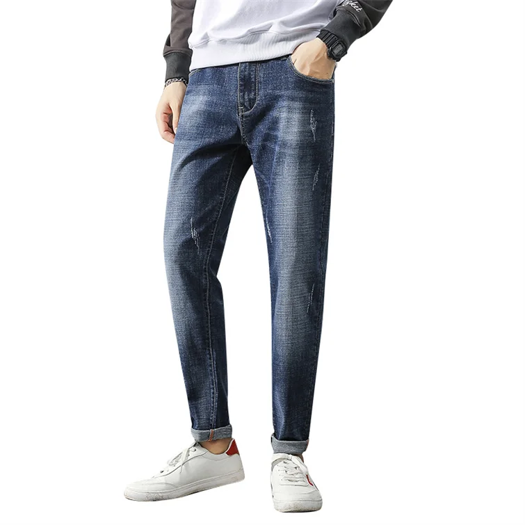 Oem Top Quality Men Blank Plain Blue Wholesale Ykk Zipper Jeans Trousers