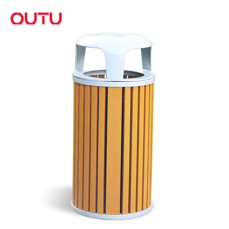 Factory Garbage Bin with Lid Metal Rubbish Can Aluminum Public Trash Can with PS wood Eco Waste Storage