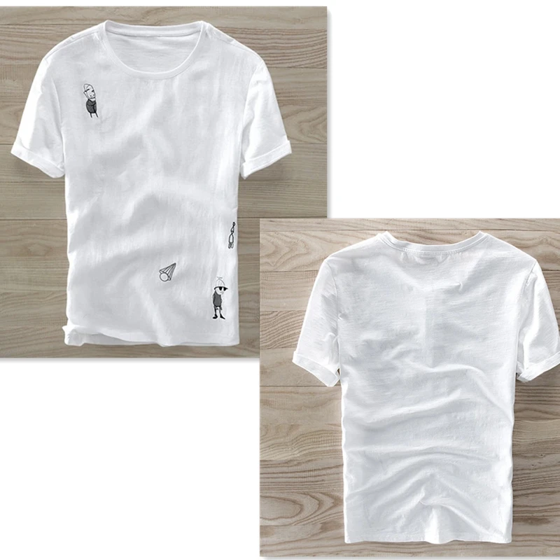 New fashion summer mens clothing hemp fabric shirt casual white cartoon embroidery linen short sleeve apparel men tshirt