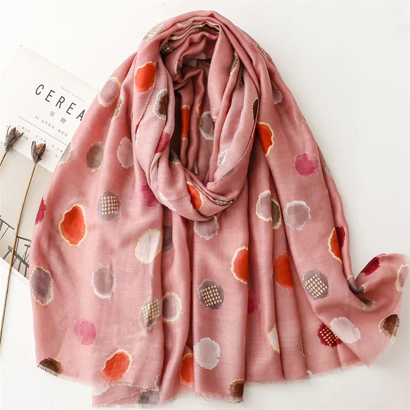 European fashion 180*90cm soft viscose gold foil scarves women print cotton hijabs black and white polka dotted printed shawls