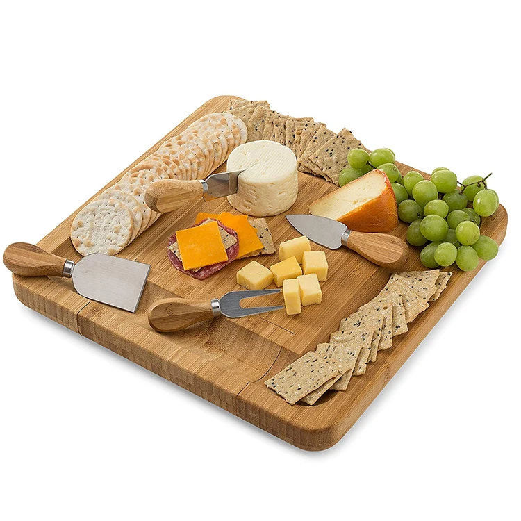Bamboo cheeseboard set with four sets of knives and cheese boardSquare multifunctional drawer