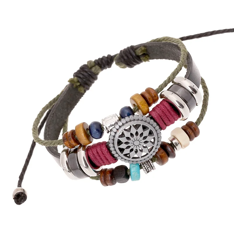 Hot Sale Punk Multilayer Beaded Adjustable Bracelet Hand Woven Hemp Cords Wrap Bracelet Genuine Leather Bracelet