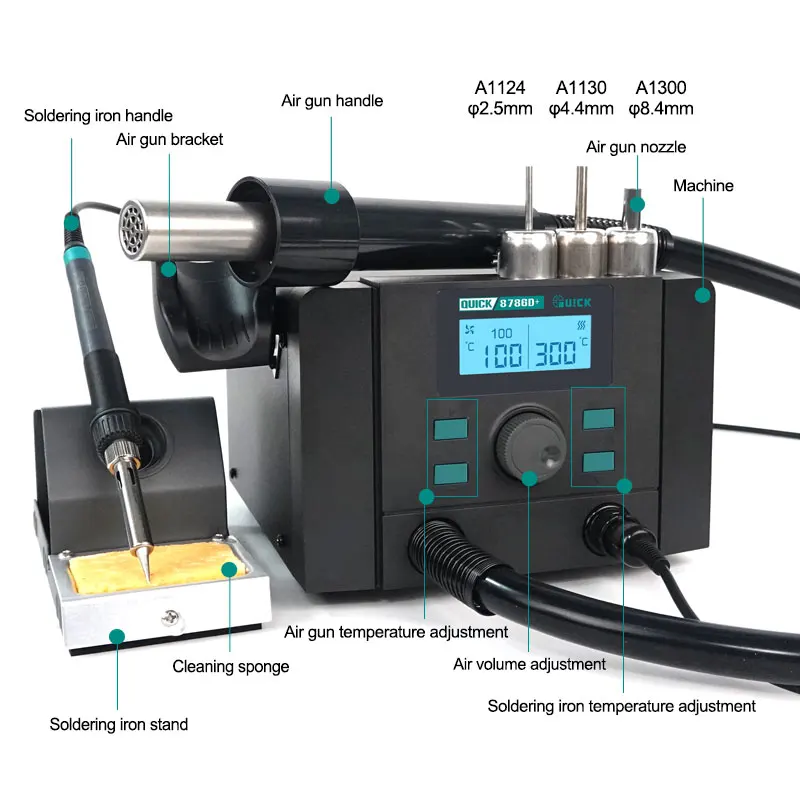 Quick 8786d+ Soldering Station Hot Air Gun Electronic 2 in 1 Welding Rework Station For SMD PCB Mobile Phone Repair Tools