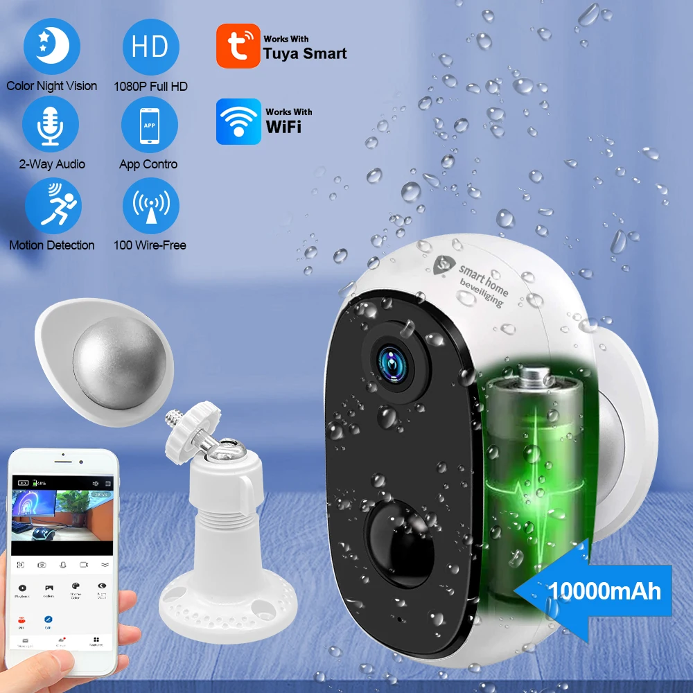 Tuya Smart Full HD Wide View Angel Two Way Audio Waterproof Security Cameras with Battery IP Camera Work With Alexa Google Home