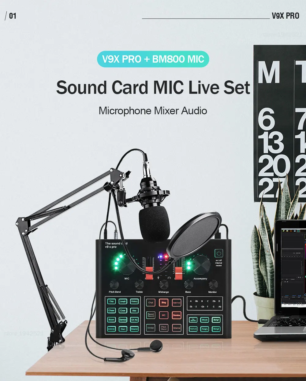 BM800 Condenser Microphone Sound Card V9X PRO Mixer Game DJ Live Broadcast Recording Set Mic Phone K Song Computer Karaoke Sing