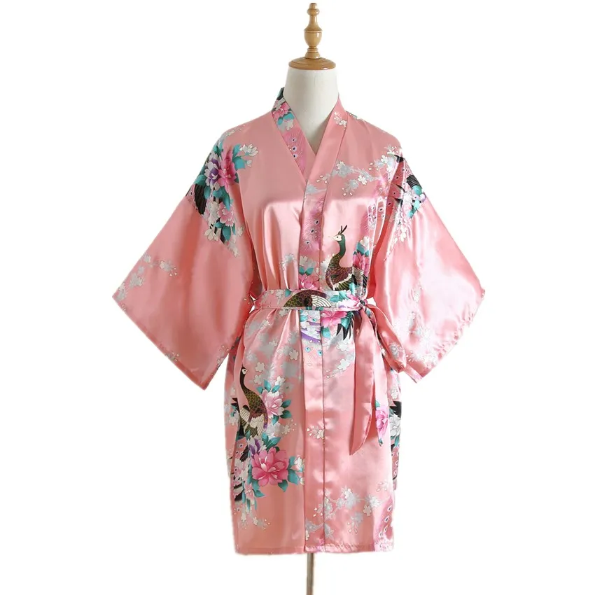 Artificial Silk Robe Ladies Short Peacock Kimono Luxury Nightgown Made in China Superior Quality Summer Women Breathable V-neck