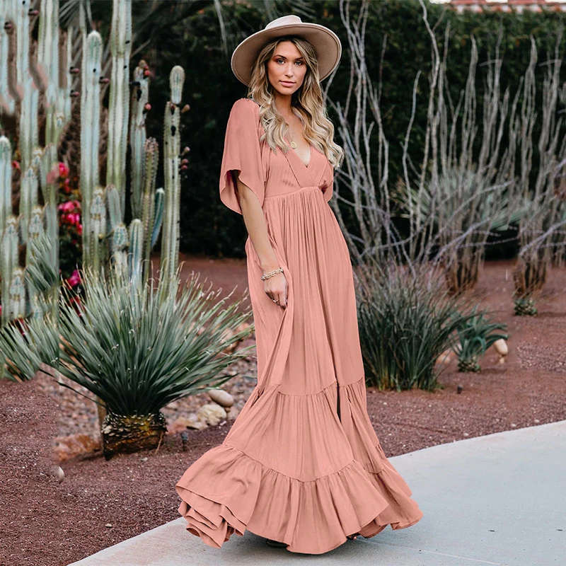 Summer fashion V-neck short sleeved solid color long skirt boho Maxi dress women