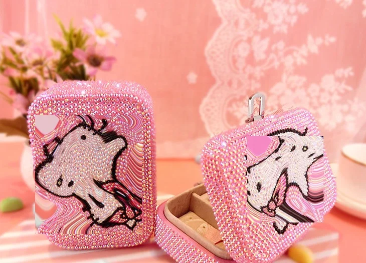 Hot Sale Daily Little Kitten Use Bling Bling Crystal Rhinestone L  Durable Leather Cosmetic Box with Mirror Make up Cases