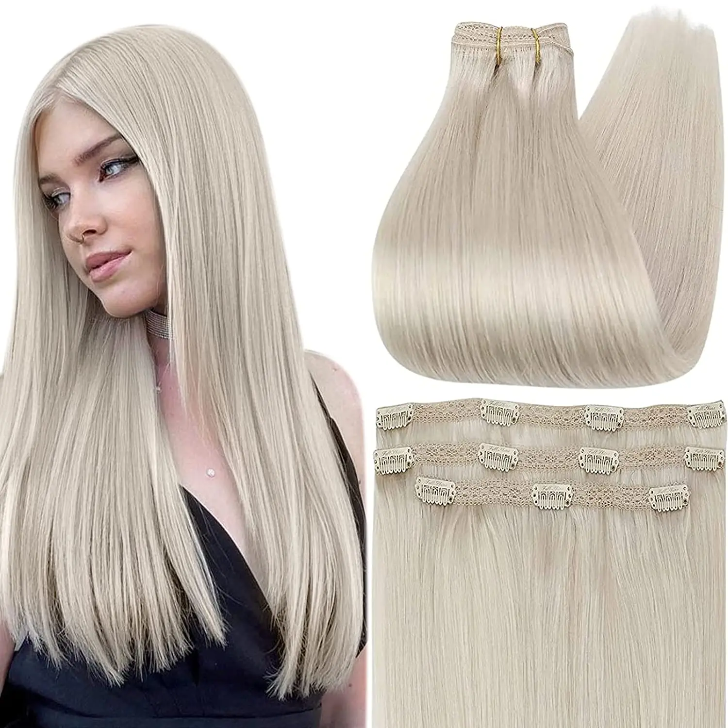 Full Shine Hot Sale Clip Hair Extensions Double Weft White Blonde Clip in Extensions Remy Human Hair