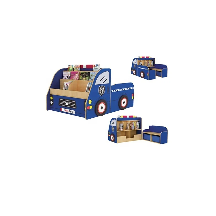 Novel Design Cartoon Style wooden kids bookcase book shelf with chest