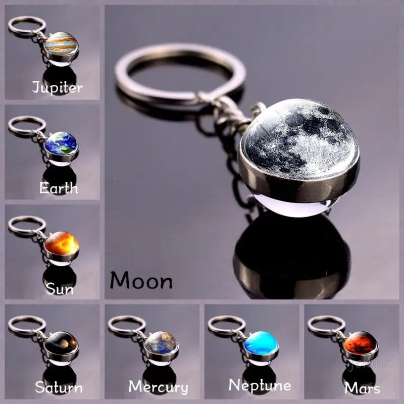 XNG Solar System Planet Keyring Galaxy Nebula Space Keychain Moon Earth Sun Mars Art Picture Double Side Glass Ball Keyring