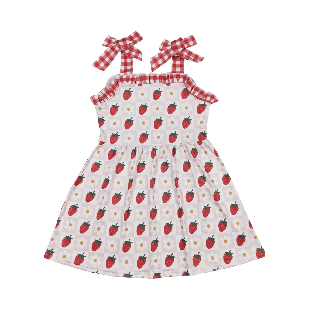 GSD0806  Strawberry and flower print bow suspenders ruffles princess dress for girl 2024 girl dress new frock design girls dress