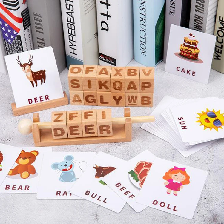 Hot Selling Letters Engraved Cubes, Children Early Leaning Number & Words Spelling Wooden Block With Card