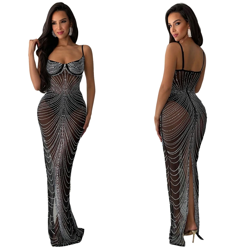 women wedding elegant sexy dinner party glitter diamond rhinestone crystal bead sleeveless mesh ball gown evening dress 2023