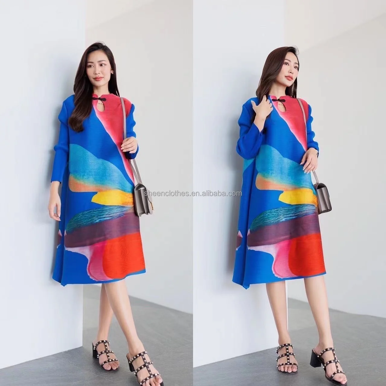 Summer Women Miyak Pleated Dress Chinese Style Loose Elegant Vintage Floral Print Buckle Stand Collar Cheongsam Ladies