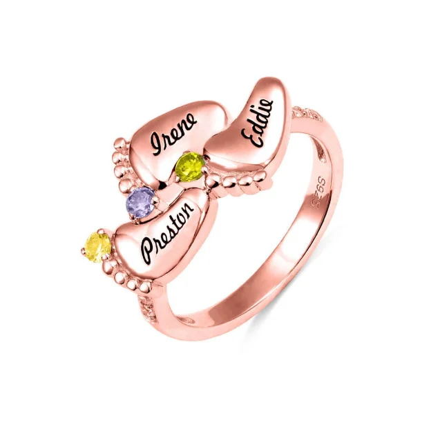 Customized Birthday Gift Personalized Engraved Any Name Baby Feet Birthstones Ring Jewelry