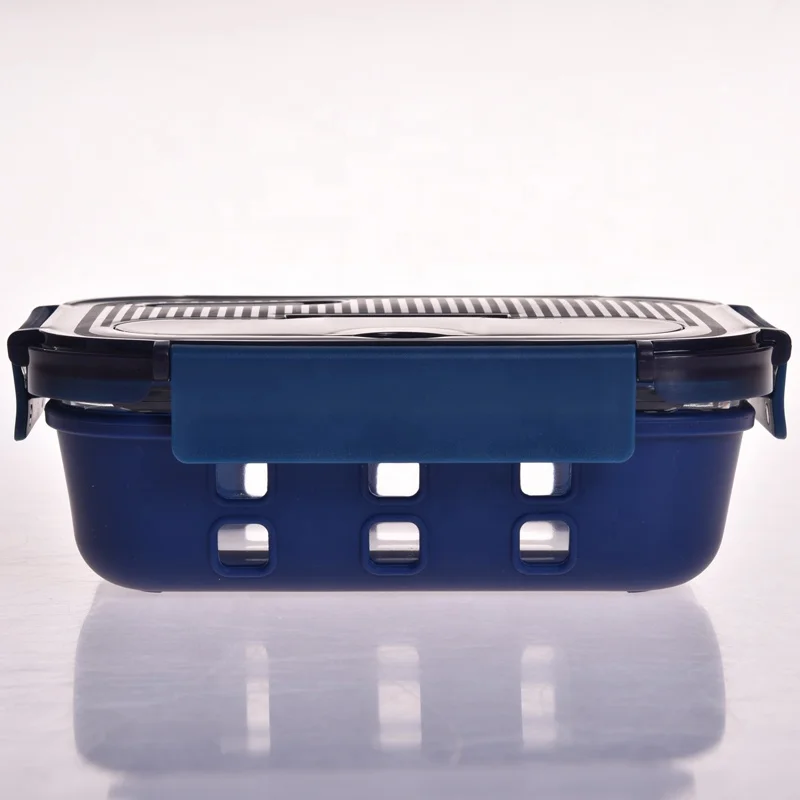 Deep  Blue color silicone cover glass food container storage box  with cutlery BPA free vented lid