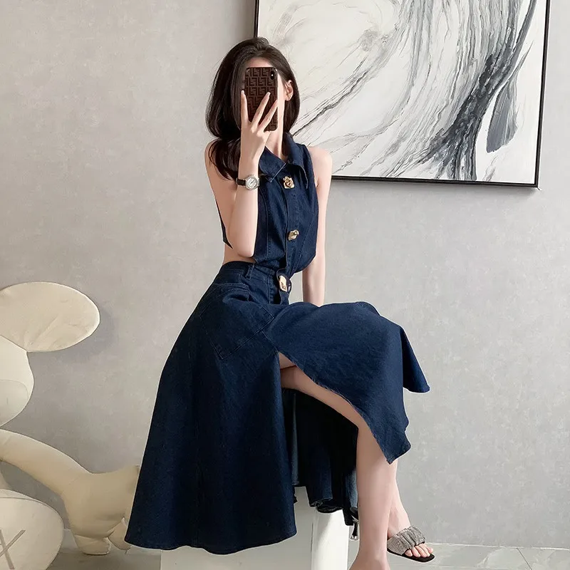 Vintage Slit Casual Midi Dress For Women Empire Hollow Out Denim Dress