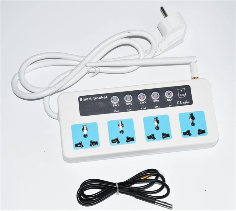 Quad Band GSM 850/900/1800/1900MHz 4-outlet Relay 16A Smart Extension Socket Power Strip with Temperature Sensor Linkage Control