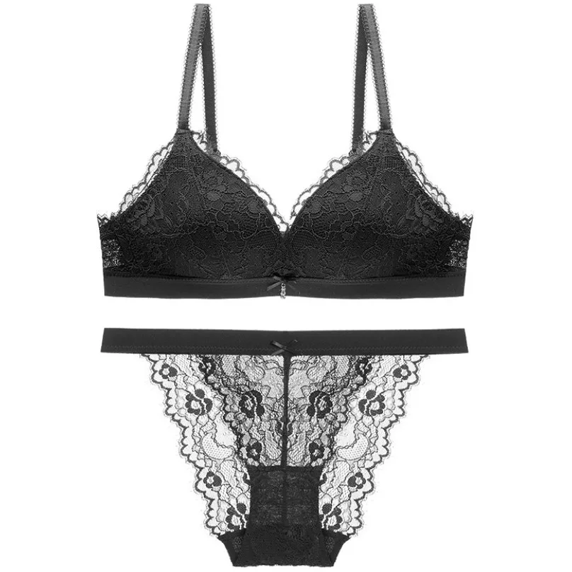 
Gathered no steel ring bra set thin section new ladies sexy lace underwear wholesale bra and pants 