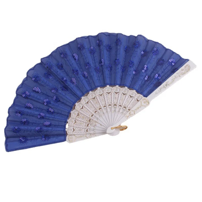 New Plastic Folding Hand Fan Spanish Embroidery Sequin Hand Fan for Decoration