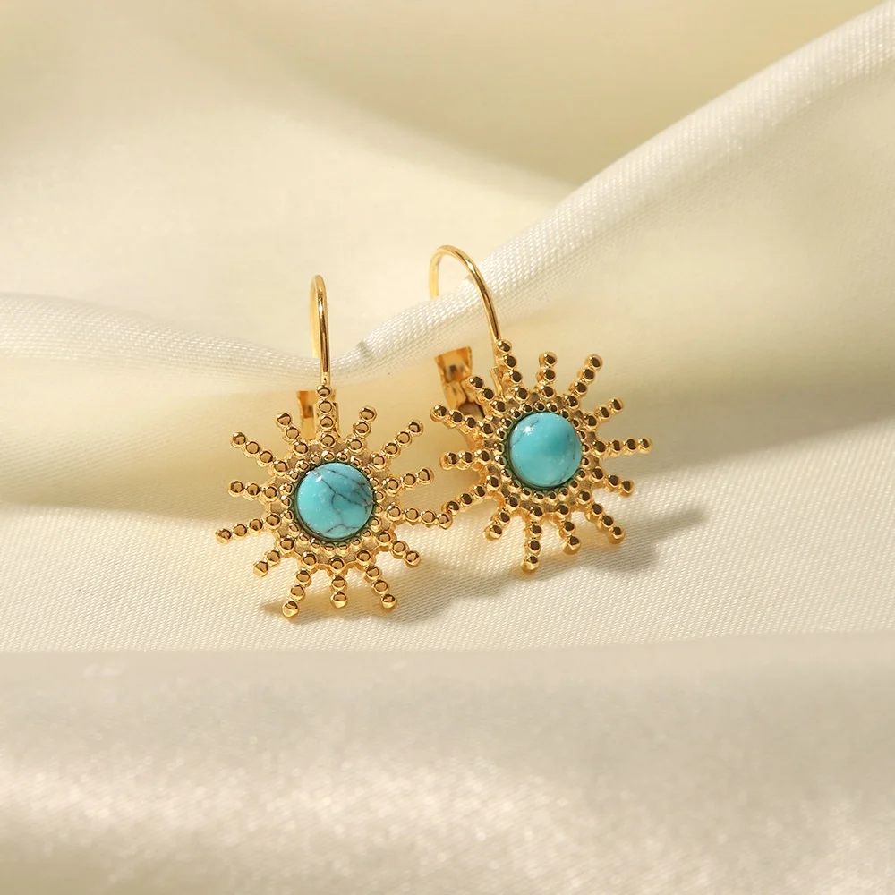 Suyan Jewelry Factory Price  Sun Shape Beads Design Turquoise Non Tarnish 18k Gold Plated Stainless Steel Hoop Earrings Women