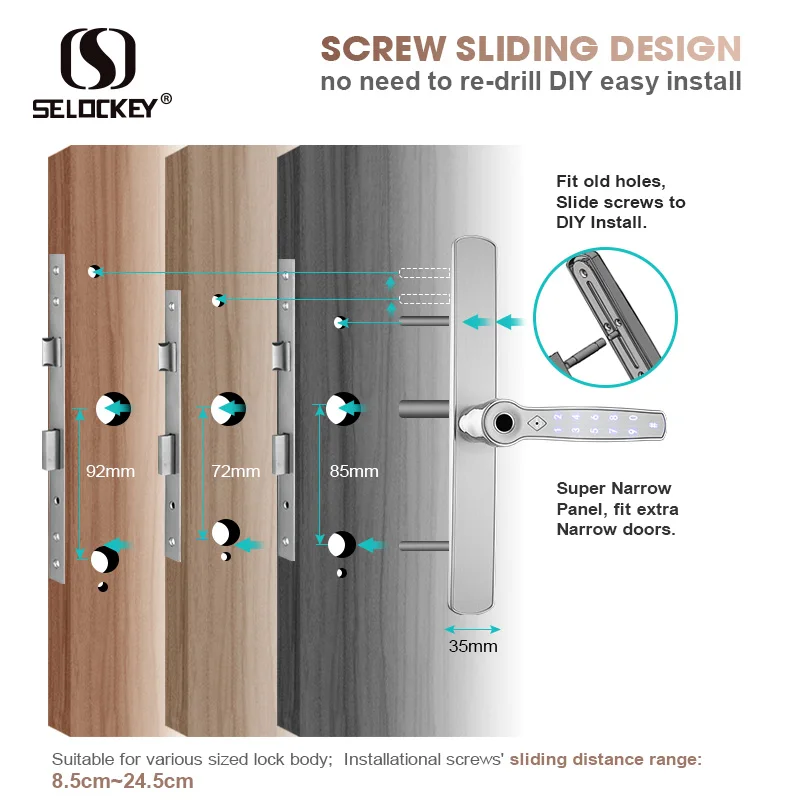 
35A smart aluminum sliding ttlock app wifi keypad fingerprint door handle lock mortise and hook lock 